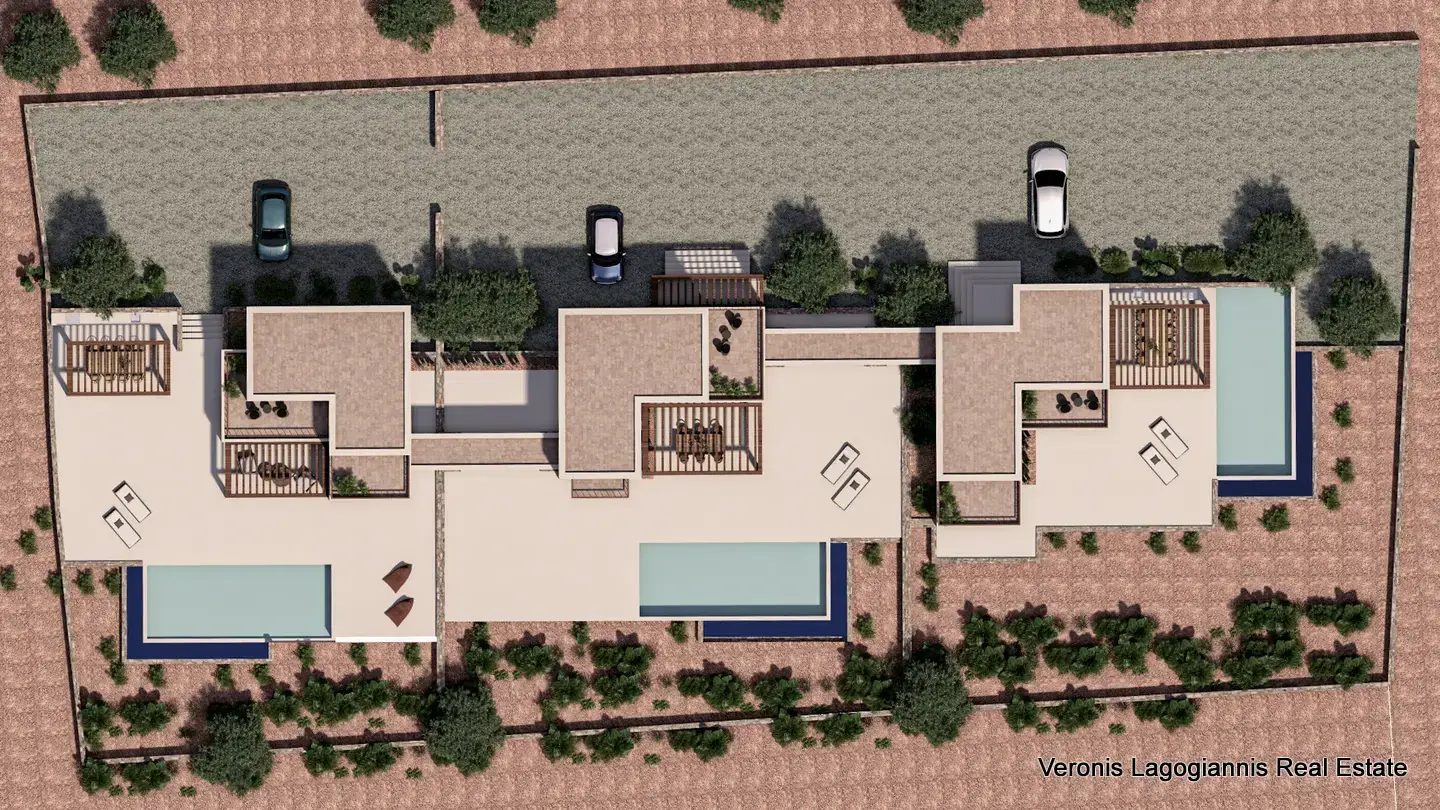 Render Κατοικιών στην Νάξο – Aerial Chora Naxos / 3 houses with swimming pools